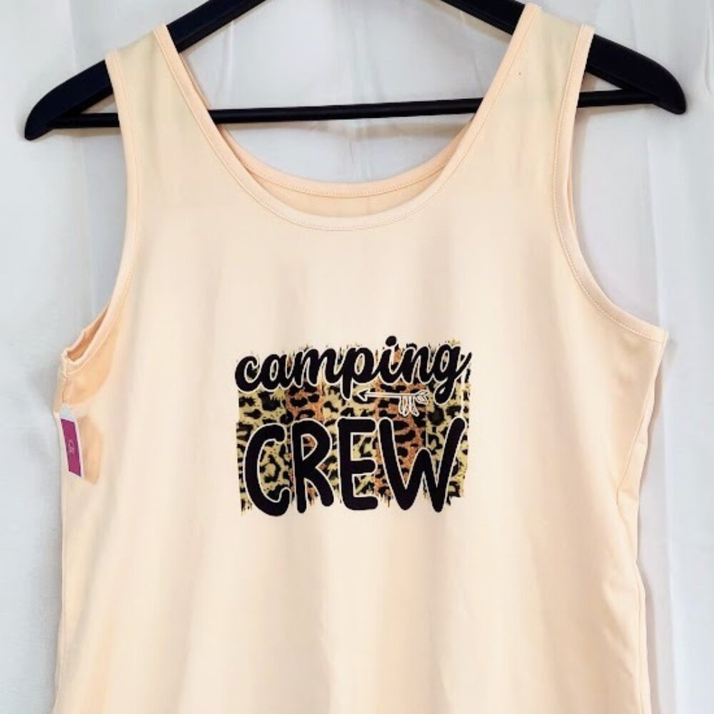Custom Leopard Print Camping Crew Tank Top, peach, size us S-M